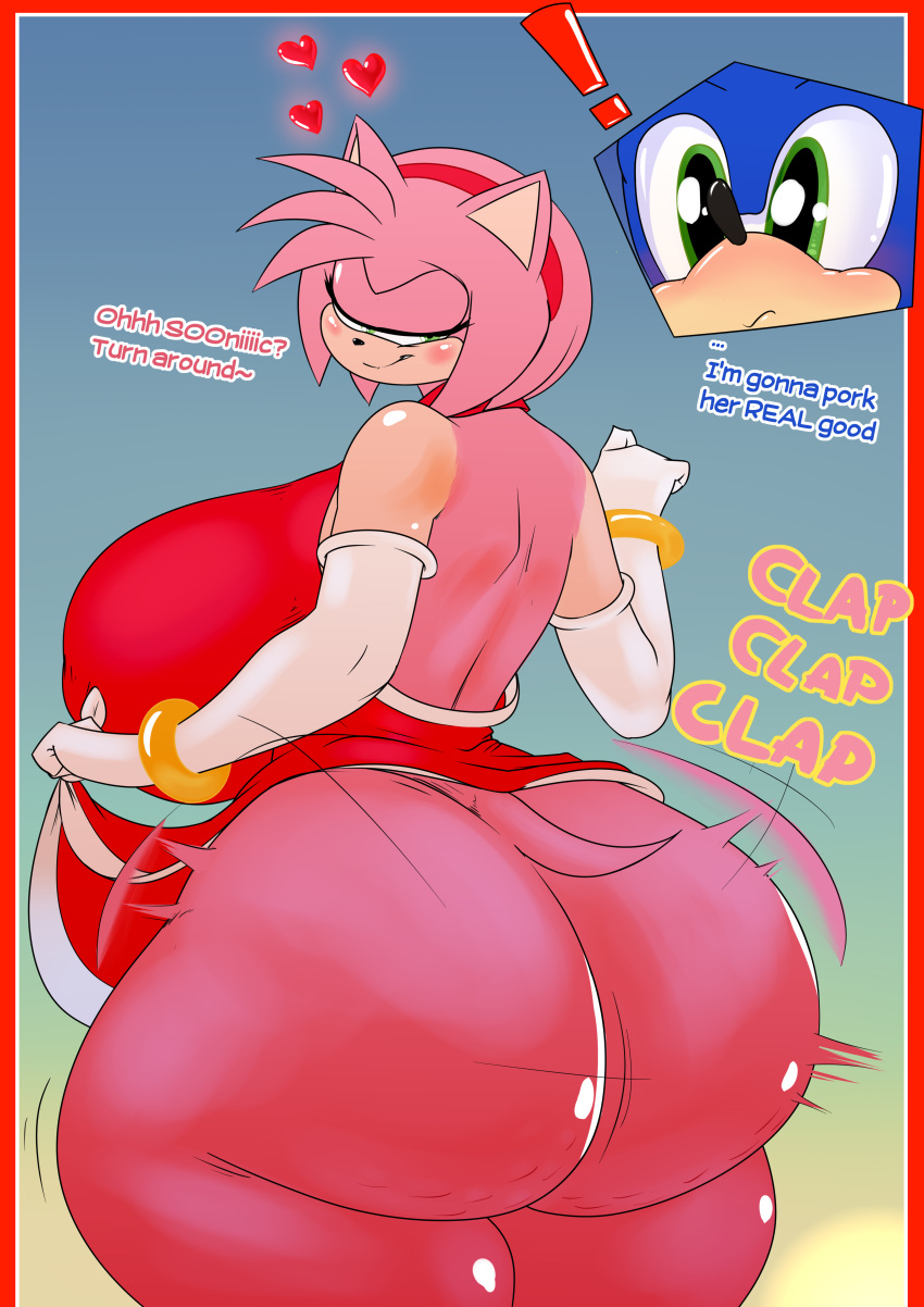 &lt;3 absurd_res amy_rose anthro ass_clapping big_breasts big_butt breasts butt clothed clothing clothing_lift dialogue dress dress_lift eulipotyphlan female hedgehog hi_res huge_breasts huge_butt mammal no_underwear sega sonic_the_hedgehog sonic_the_hedgehog_(series) thick_thighs xaveknyne