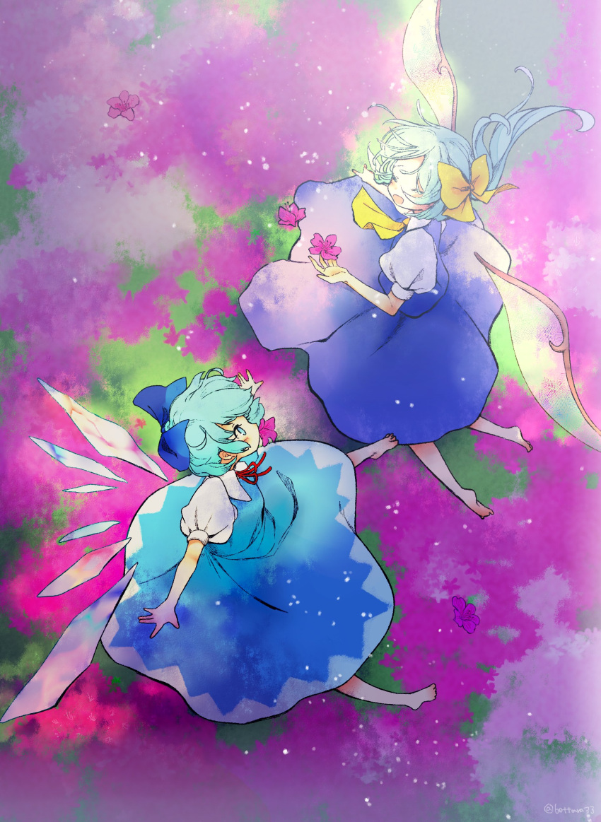 2girls absurdres barefoot blue_bow blue_dress blue_hair bow cirno daiyousei detached_wings dress fairy fairy_wings flower green_hair hair_bow highres ice ice_wings long_hair multiple_girls pink_flower puffy_short_sleeves puffy_sleeves ryuuta_(akatukiryoka) shirt short_hair short_sleeves side_ponytail touhou white_shirt wings