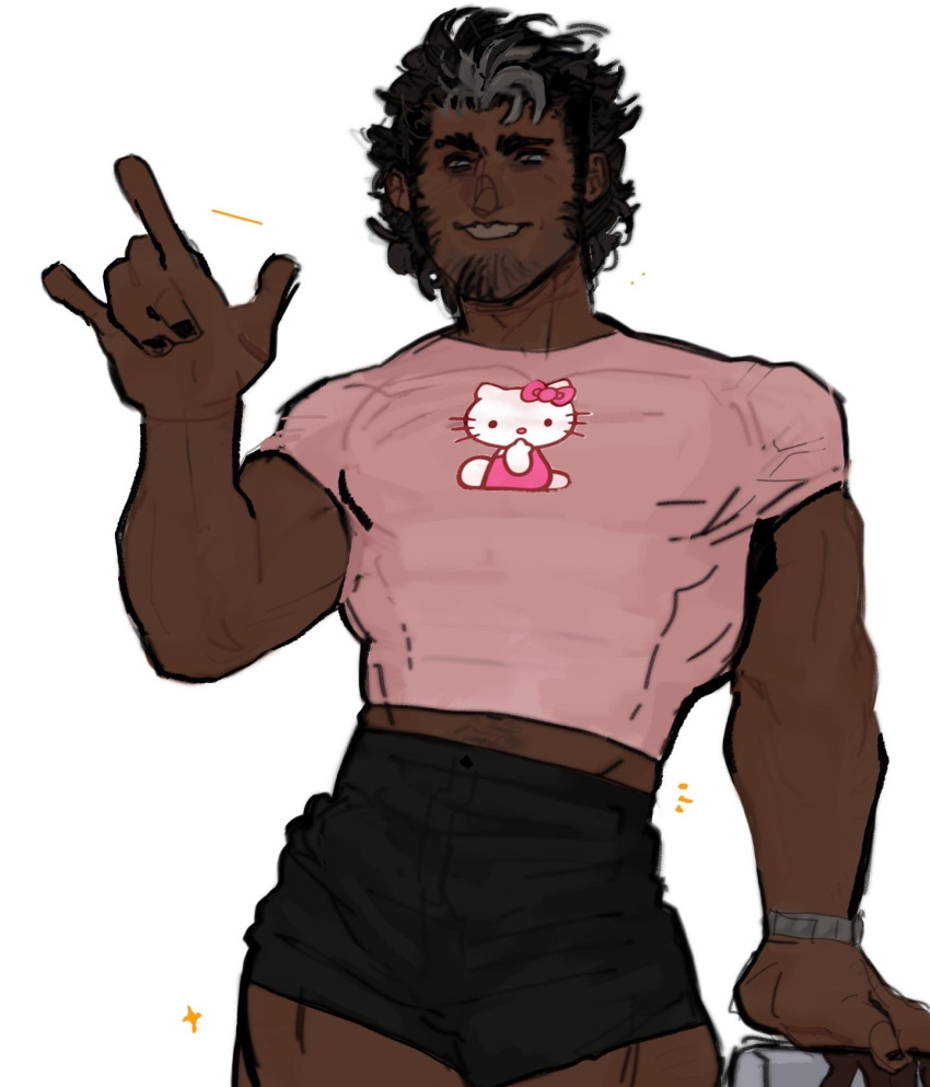 1boy \n/ bara beard_stubble black_shorts contrapposto dark-skinned_male dark_skin feet_out_of_frame hand_up hello_kitty highres male_focus mature_male midriff_peek muscular muscular_male original pectorals sanrio shirt short_hair short_shorts shorts sideburns smile solo standing teddy_(99_monochrome) thighs thomas_(99_monochrome) tight_clothes tight_shirt undersized_clothes very_dark_skin