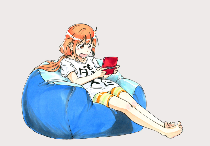 absurdres barefoot bean_bag_chair blush brown_eyes clothes_writing commentary_request full_body futaba_anzu green_shorts grey_background handheld_game_console highres holding idolmaster idolmaster_cinderella_girls legs legs_together long_hair low_twintails multicolored_stripes nintendo_ds open_mouth orange_hair orange_shorts seto_yuuki_(splinter_123) shirt short_sleeves shorts sidelocks simple_background striped striped_shorts t-shirt toenails toes translation_request twintails v-shaped_eyebrows white_shirt yellow_shorts