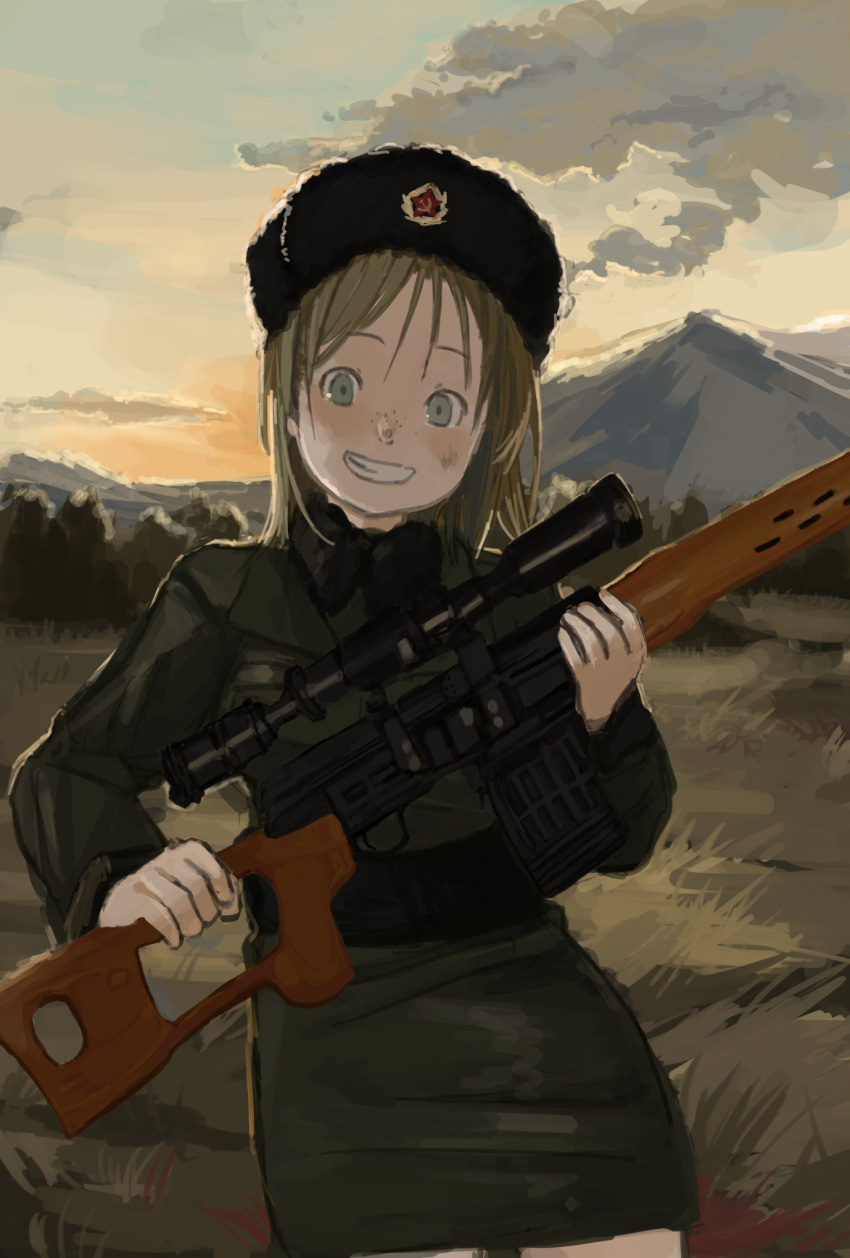 1girl belt black_belt black_headwear blue_eyes blue_sky cloud coat collared_coat collared_shirt commentary cowboy_shot dark_clouds dragunov_svd freckles fur-trimmed_shirt fur_hat fur_trim grass grasslands green_coat green_shirt gun hammer_and_sickle hat hat_ornament highres holding holding_gun holding_weapon kmusy_mp4 light_brown_hair long_hair looking_at_viewer medium_hair military_coat military_hat morning mountain muted_color nature open_mouth orange_sky original outdoors red_star rifle scope shirt sky smile sniper_rifle solo soviet star_(symbol) star_hat_ornament sunrise teeth ushanka weapon wispy_bangs