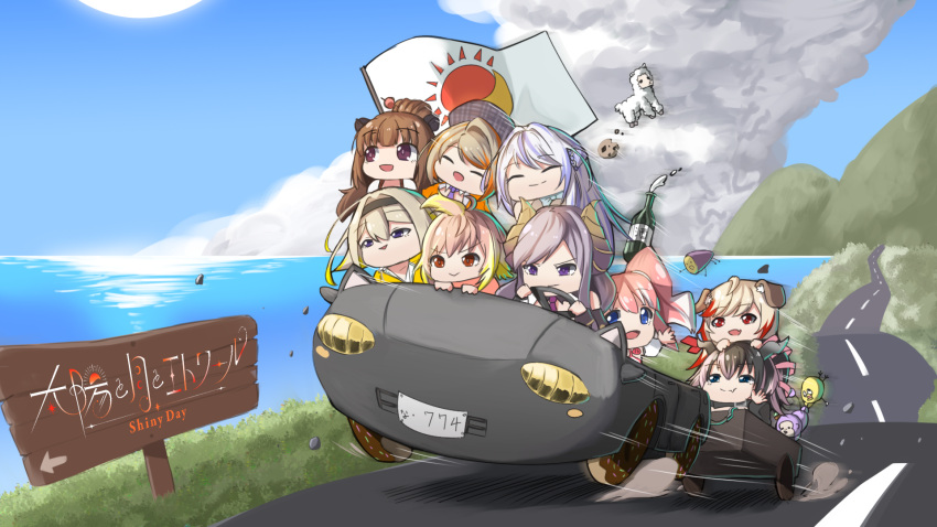 6+girls :&gt; animal_ear_fluff animal_ears black_hair black_hairband blonde_hair blue_eyes brown_eyes brown_hair car chibi closed_eyes closed_mouth cloud commentary_request cumulonimbus_cloud day demon_girl demon_horns dog_ears driving full_body grass grey_horns hair_ornament hair_ribbon hair_stick hairband highres hira_hikari horizon horns ieiri_popo kisaki_anko kohaku_yuri long_hair long_sleeves looking_afar medium_bangs motor_vehicle multicolored_hair multiple_girls nanashi_inc. oinomori_may one_side_up open_mouth outdoors pink_hair pink_ribbon purple_eyes purple_hair red_eyes ribbon road saionji_mary seshima_rui shiranui_enki sign smile streaked_hair sun swept_bangs touri_sei two-tone_hair virtual_youtuber water white_hair yunohara_izumi