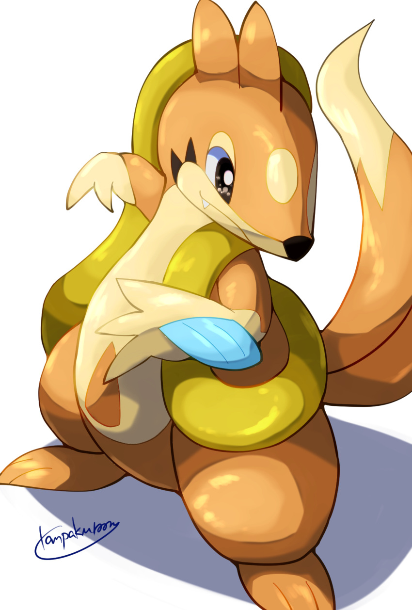 ambiguous_gender biped black_nose brown_eyes feet feral fingers floatzel generation_4_pokemon hi_res nintendo orange_body orange_skin pokemon pokemon_(species) shadow simple_background solo standing tanpakuroom teeth toes white_background