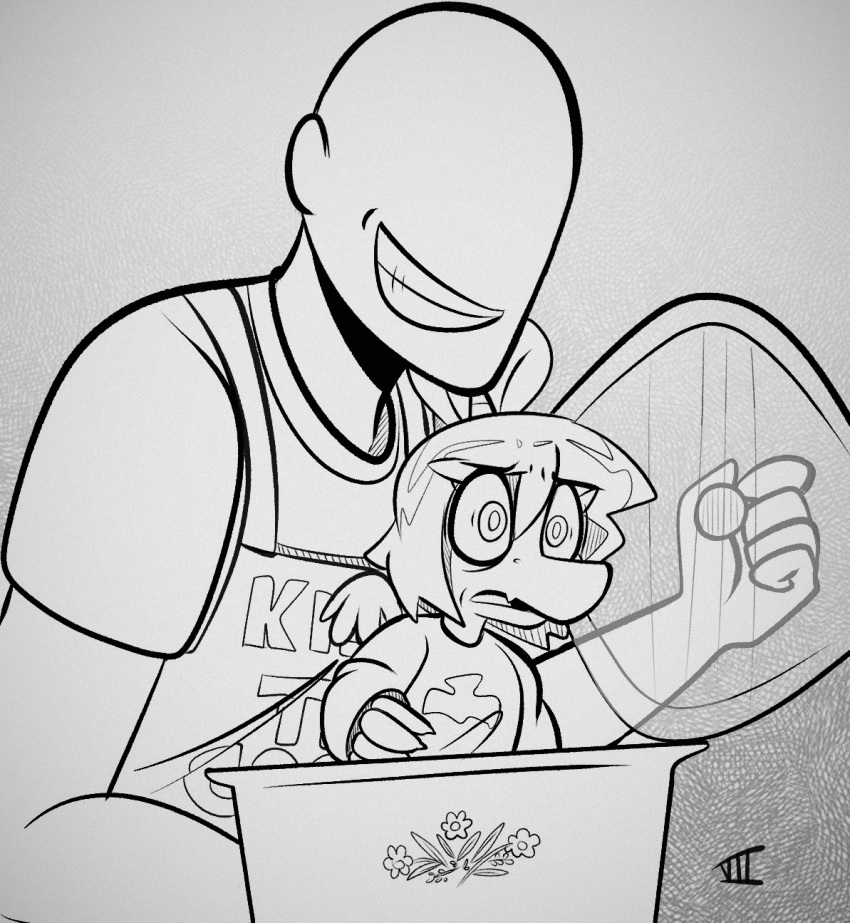 2023 amber_(snoot_game) anon_(snoot_game) anthro apron artist_name bald black_and_white bow_(feature) child claws clothing cooking_pot daughter_(lore) dinosaur duo evil_grin father_(lore) father_and_child_(lore) father_and_daughter_(lore) female fingers hair hi_res human male mammal monochrome parent_(lore) parent_and_child_(lore) parent_and_daughter_(lore) pterodactylus pterosaur reptile scalie seven_(artist) short_hair smile snoot_game_(fan_game) snout teeth watermark young