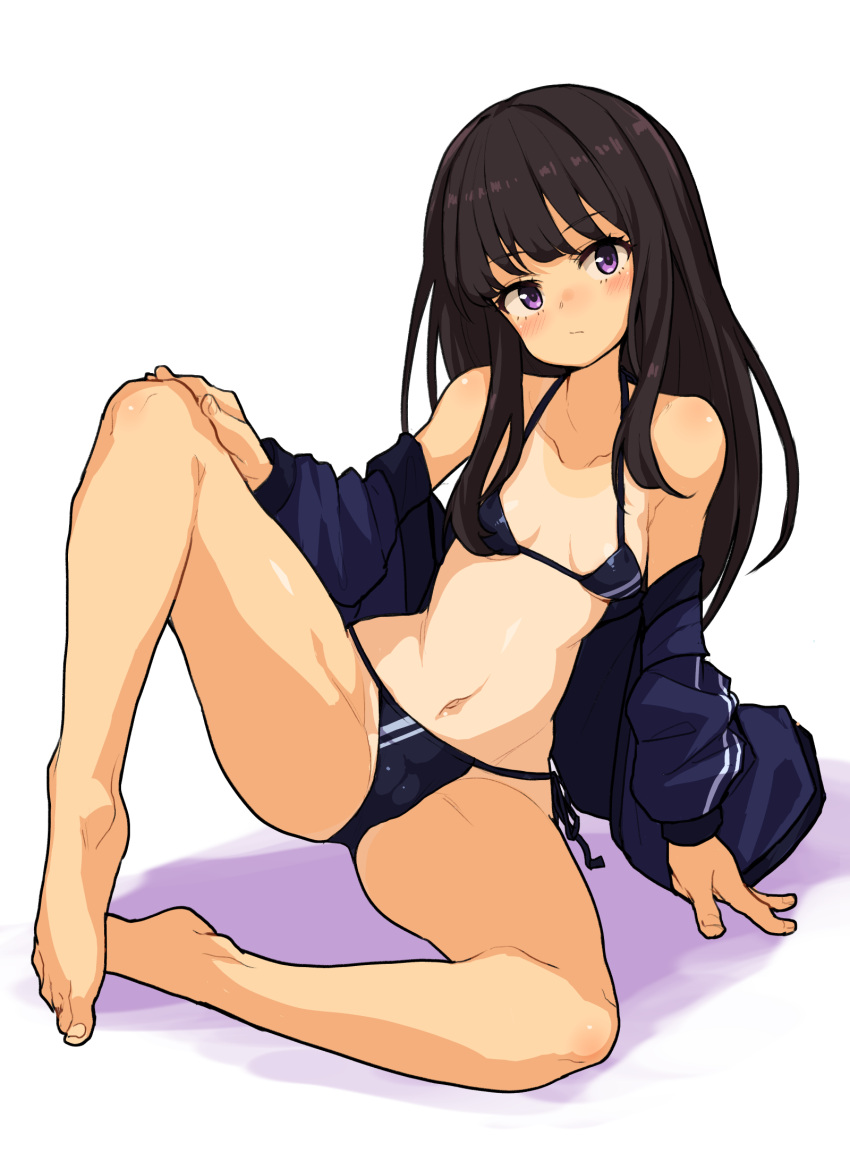 1girl bikini black_hair blue_bikini blush breasts buta-don cameltoe closed_mouth crotch full_body highres inoue_takina long_hair looking_at_viewer lycoris_recoil navel purple_eyes simple_background small_breasts solo spread_legs swimsuit tan tanlines white_background