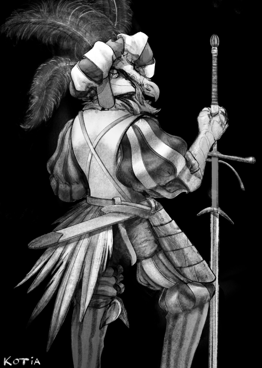 accipitrid accipitriform animal_genitalia anthro armor avian beak bearded_vulture bird clothed clothing digital_media_(artwork) feathered_hat feathers filigree gauntlets genitals gloves handwear hi_res holding_object holding_weapon hole_in_pants kotia landsknecht leggings legwear looking_at_viewer male medieval melee_weapon monochrome old_world_vulture sheath sheathed_weapon simple_background smile solo sword vulture warrior weapon zweihander