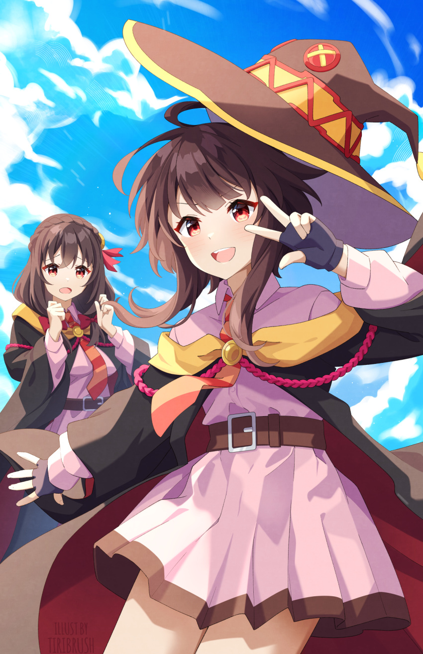 2girls :d belt belt_skirt black_coat black_gloves blush braid brown_hair coat collared_shirt day dress fingerless_gloves gloves hand_up hands_up happy hat highres kono_subarashii_sekai_ni_bakuen_wo! kono_subarashii_sekai_ni_shukufuku_wo! long_hair long_sleeves looking_at_another looking_at_viewer megumin multiple_girls off_shoulder outdoors outstretched_arm pink_dress pink_shirt pink_skirt pleated_dress pleated_skirt red_eyes school_uniform shirt skirt smile teeth tiri upper_teeth_only v_over_eye witch witch_hat yunyun_(konosuba)