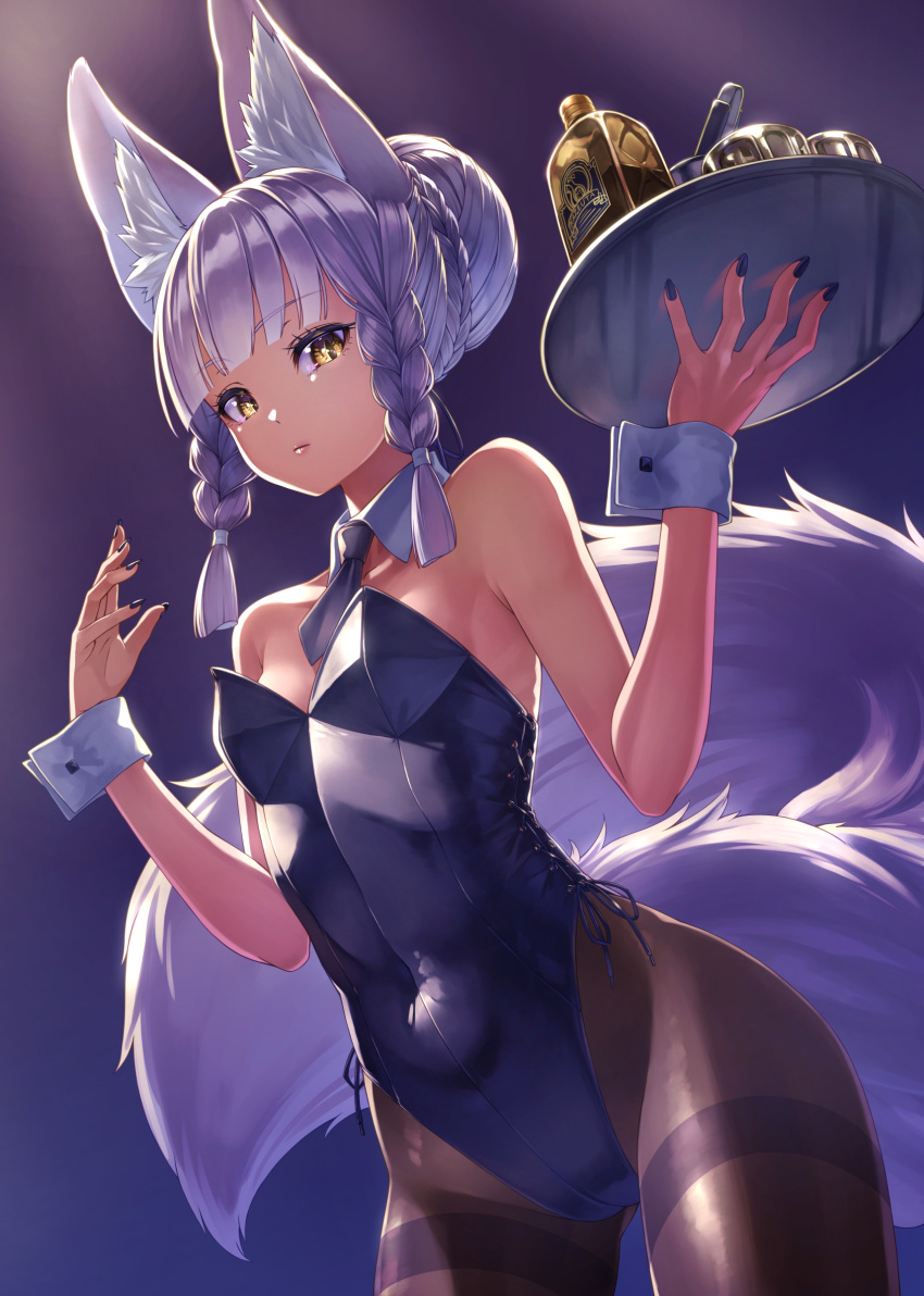 1girl absurdres alcohol animal_ear_fluff animal_ears ass_visible_through_thighs bare_shoulders black_nails blue_leotard blunt_bangs braid braided_bun breasts collar cowboy_shot detached_collar fox_ears fox_girl fox_tail glass hair_bun highleg highleg_leotard highres holding holding_tray kazuki_seihou leotard liquor looking_at_viewer nail_polish navel necktie original ouka_(kazuki_seihou) pantyhose playboy_bunny side-tie_leotard side_braid simple_background single_hair_bun skinny small_breasts solo standing strapless strapless_leotard tail thigh_gap tongs tray white_collar white_hair wrist_cuffs yellow_eyes