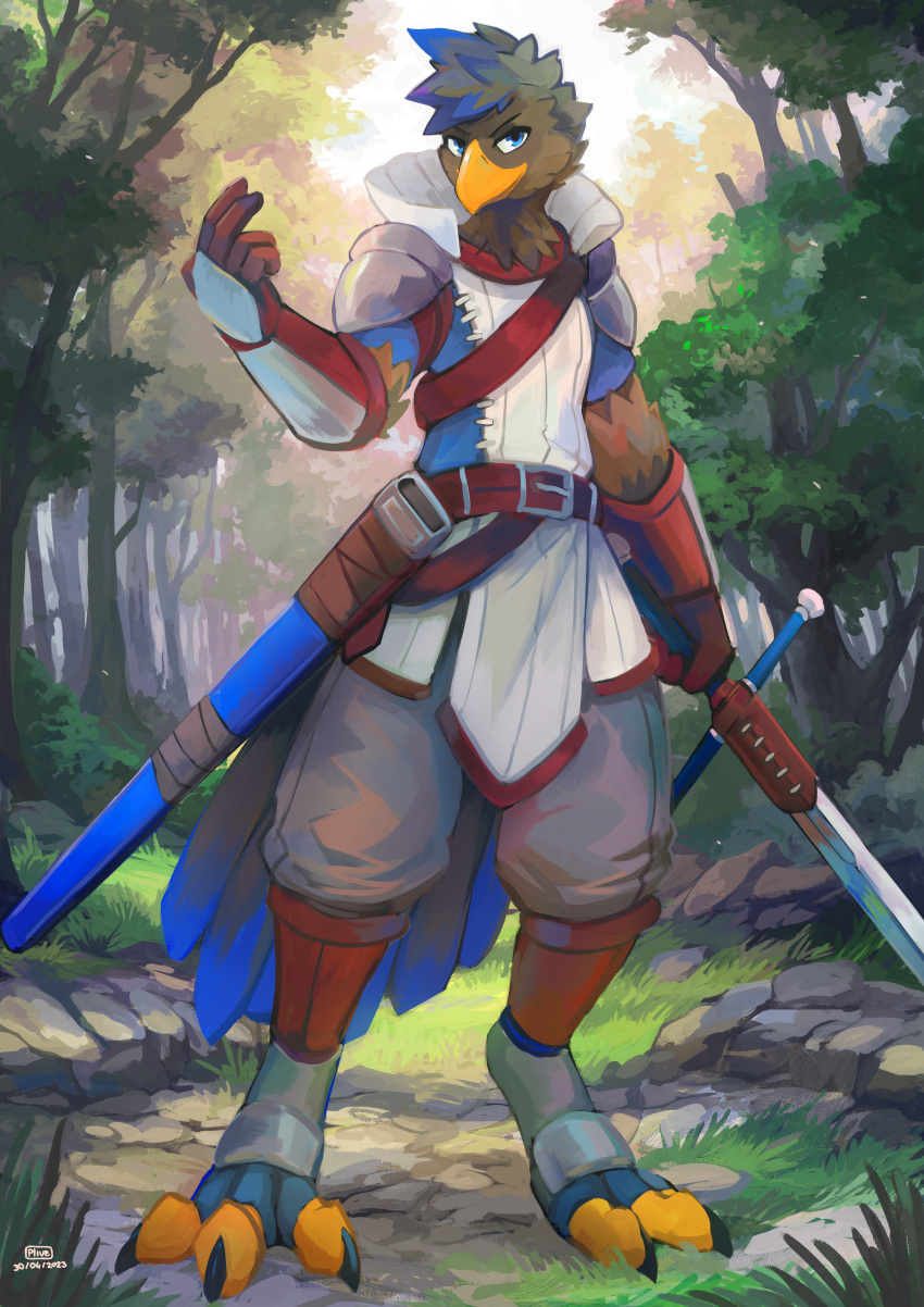2023 5_fingers absurd_res anthro artist_name avian bird black_body black_fur blue_body blue_fur bottomwear clothing dated fingers forest fur hi_res holding_object holding_sword holding_weapon male melee_weapon pants plant plive scenery signature solo sword topwear tree unguligrade_anthro weapon