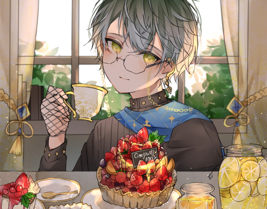 1boy black-framed_eyewear black_dress buttoned_cuffs buttons cake cake_slice chain closed_mouth commentary cup cursive curtains day diamond_(shape) diamond_button dress earrings eyewear_strap fishnet_gloves fishnets foliage food fruit fruit_pie glasses gloves gold_chain gold_earrings gradient_eyes green_eyes grey_hair highres holding holding_cup ike_eveland indoors jam jar jewelry leaf lemon lemon_slice light_smile long_sleeves looking_at_viewer looking_over_eyewear male_focus milestone_celebration multicolored_eyes nijisanji nijisanji_en octagonal_eyewear pie plate print_cup saucer semi-rimless_eyewear short_hair solo spoon strawberry symbol-only_commentary tassel teacup titosena_523 turtleneck under-rim_eyewear upper_body window yellow_eyes