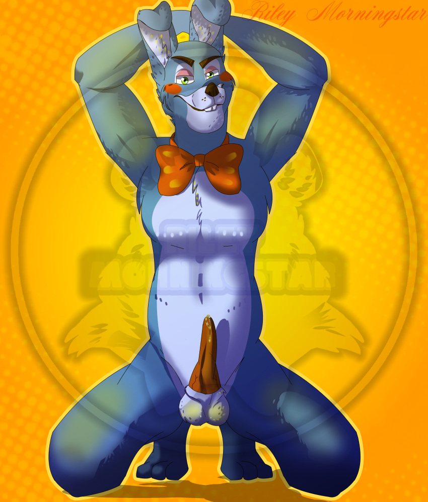 absurd_res anatomically_correct anatomically_correct_genitalia anatomically_correct_penis animal_genitalia animal_humanoid animal_penis anthro bald balls balls_hang bite biting_lip blue_body bodily_fluids bodypaint bonnifacio bow_tie buckteeth digital_drawing_(artwork) digital_media_(artwork) digital_painting_(artwork) dripping erection eyeshadow face_paint five_nights_at_freddy's five_nights_at_freddy's_2 fluffy genital_fluids genitals green_eyes hands_behind_head hi_res humanoid kneeling lagomorph lagomorph_humanoid lagomorph_penis leporid looking_at_viewer makeup male male/male mammal mammal_humanoid penis pose precum precum_drip rabbit raised_arms red_bowtie red_cheeks riley_morningstar scottgames solo teeth toy_bonnie_(fnaf) wolf_love