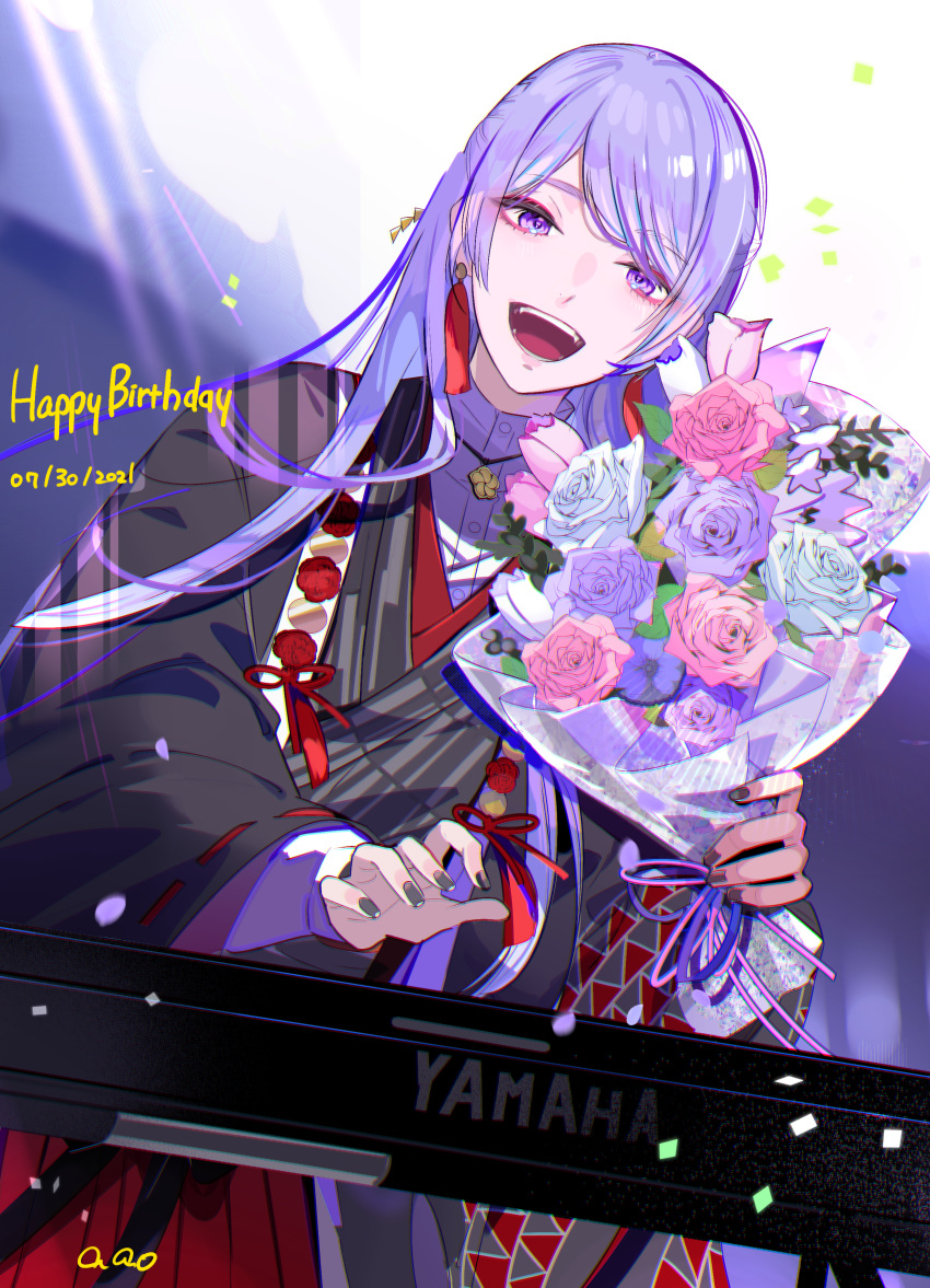 1boy :d absurdres black_jacket black_kimono blue_flower blue_rose bouquet confetti cowboy_shot dated dress_shirt earrings flower genzuki_toujirou grey_nails hair_ornament hakama haori happy_birthday highres holding holding_bouquet instrument jacket japanese_clothes jewelry keyboard_(instrument) kimono long_hair long_sleeves looking_at_viewer male_focus nijisanji official_alternate_costume oshi_rhymes_aao pink_flower pink_rose print_kimono purple_eyes purple_flower purple_hair purple_rose red_hakama rose shirt smile solo swept_bangs tassel tassel_earrings teeth triangle_print virtual_youtuber white_shirt