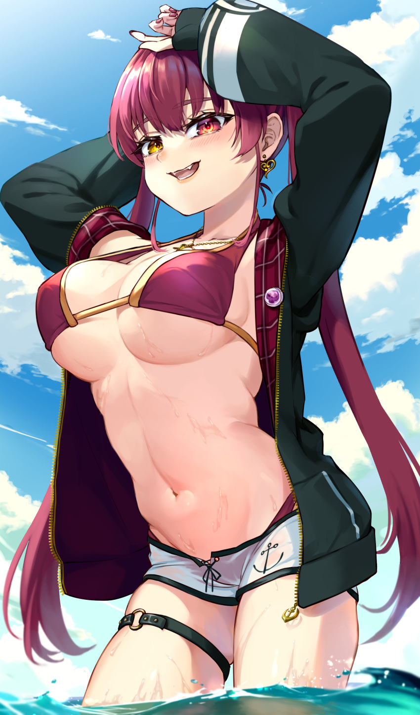 1girl absurdres arms_up bikini bikini_under_clothes bikini_under_shorts black_jacket blue_sky blush breasts cloud earrings gold_earrings gold_necklace gold_trim heart heart_earrings heart_necklace heterochromia highres hololive houshou_marine houshou_marine_(4th_costume) jacket jewelry large_breasts long_hair mal_to_mal nail_polish navel necklace o-ring o-ring_thigh_strap official_alternate_costume red_bikini red_eyes red_hair red_jacket red_nails short_shorts shorts single_earring sky smile swimsuit thigh_strap twintails two-sided_fabric two-sided_jacket virtual_youtuber wading water white_shorts yellow_eyes