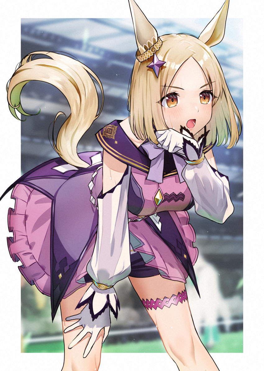 1girl :o animal_ears blonde_hair blurry blurry_background blush border brown_eyes commentary cowboy_shot doushimasho dress ear_covers ear_ornament gloves highres horse_ears horse_girl horse_tail narita_top_road_(umamusume) off-shoulder_dress off_shoulder parted_bangs purple_dress short_hair single_ear_cover solo tail umamusume white_border white_gloves wiping_sweat