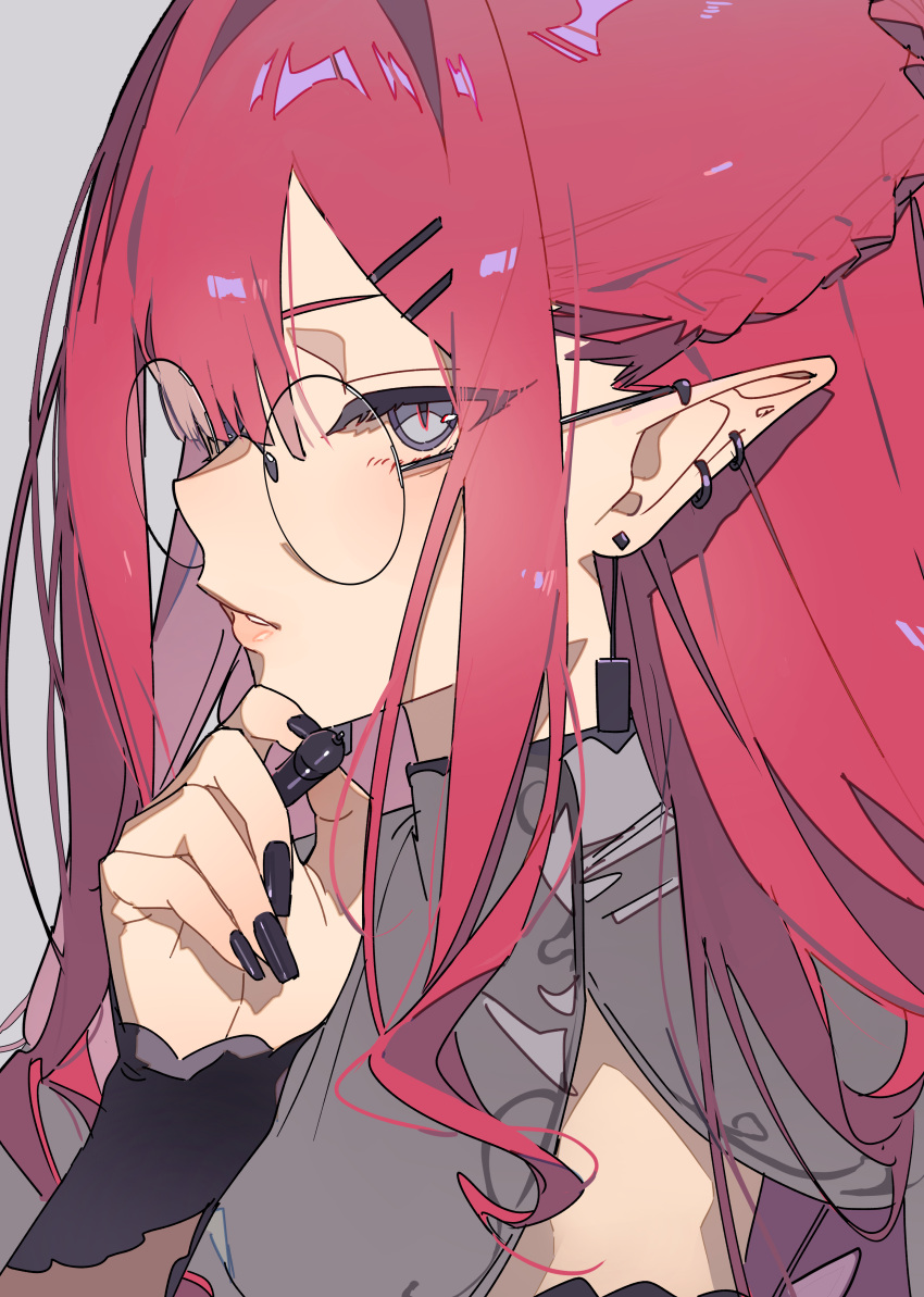 1girl absurdres baobhan_sith_(fate) black_nails braid close-up ear_piercing earrings fate/grand_order fate_(series) fingernails glasses grey_background grey_eyes hair_between_eyes hair_ornament hair_over_one_eye hairclip highres holding holding_pen jewelry long_hair looking_at_viewer nail_polish parted_lips pen piercing pointy_ears red_hair round_eyewear side_braid sidelocks simple_background solo zhibuji_loom