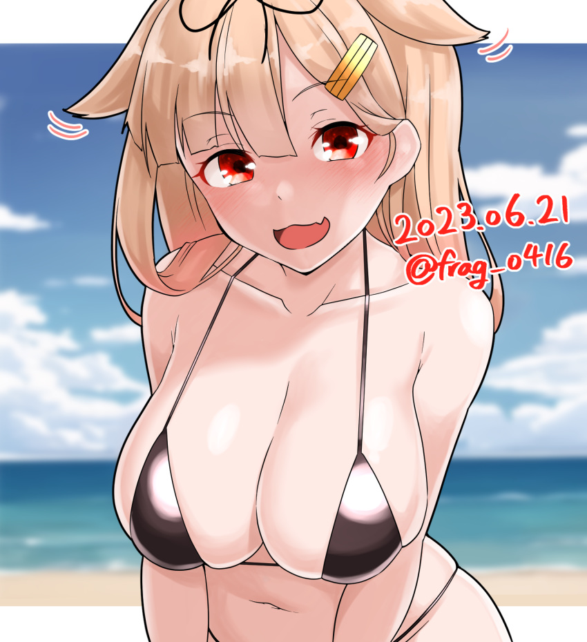 1girl bare_arms bare_shoulders beach bikini black_bikini black_ribbon blonde_hair blush breasts cleavage collarbone dated day fang furaggu_(frag_0416) hair_flaps hair_ribbon highres kantai_collection large_breasts long_hair motion_lines navel ocean one-hour_drawing_challenge open_mouth outdoors red_eyes ribbon skin_fang smile solo swimsuit twitter_username upper_body yuudachi_(kancolle) yuudachi_kai_ni_(kancolle)