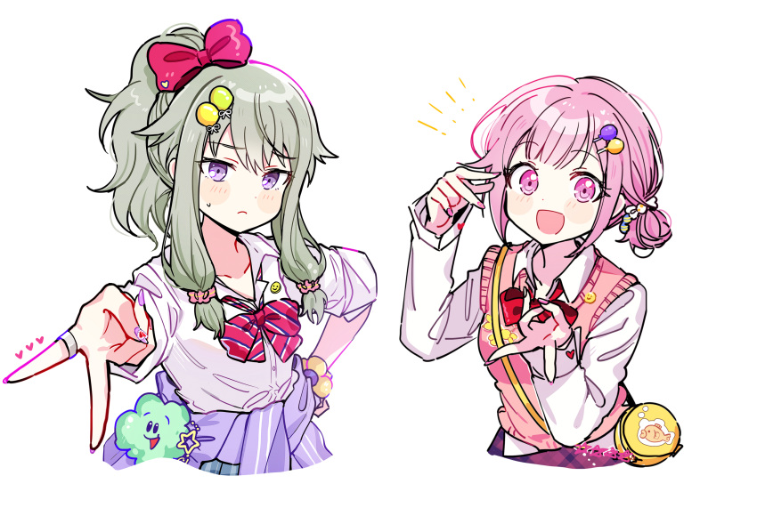 ! 2girls absurdres badge bag blush bow button_badge buttons candy_hair_ornament closed_mouth clothes_around_waist collared_shirt commentary_request diagonal-striped_bowtie dress_shirt fingernails food food-themed_hair_ornament green_hair hair_ornament hair_up hand_on_own_hip hand_up heart highres jacket jacket_around_waist jewelry kusanagi_nene long_hair long_sleeves looking_at_viewer low_tied_sidelocks multiple_girls nail_polish ootori_emu open_mouth pink_eyes pink_hair pink_nails pink_sweater_vest pjmiyo ponytail project_sekai purple_eyes red_bow ring shirt shoulder_bag simple_background star_(symbol) sweater_vest taiyaki v wagashi white_background white_shirt yellow_bag