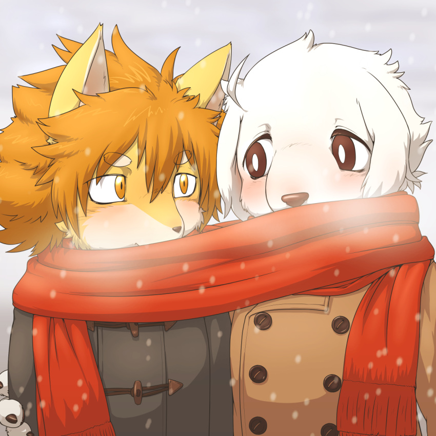 1:1 anthro bird_dog blush canid canine canis clothed clothing coat dogsled_club domestic_dog duo eye_contact fuyuki_shiroda hi_res hunting_dog looking_at_another male mamejirou_shibata mammal retriever scarf sharing_clothing sharing_scarf shiba_inu snow snowing spitz teenager topwear tsuchinoko_(artist) young