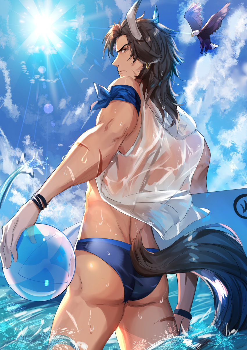 1boy absurdres animal_ears arknights ass bird blue_male_swimwear blue_sky brown_eyes brown_hair cow_boy cow_ears cow_horns eagle feet_out_of_frame from_behind from_below highres holding holding_surfboard horns looking_at_viewer looking_back male_focus male_swimwear matterhorn_(arknights) matterhorn_(beach_guard)_(arknights) official_alternate_costume see-through see-through_swimsuit shanguier sky solo surfboard thighs toned toned_male volleyball wet wet_clothes