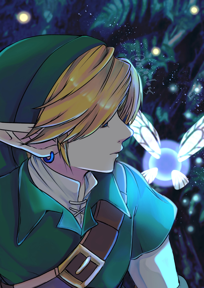 1boy absurdres bangs belt blonde_hair brown_belt closed_mouth earrings fairy fairy_wings green_headwear green_tunic highres jewelry link long_sleeves male_focus mi9clous multicolored_background navi pointy_ears shirt short_hair the_legend_of_zelda the_legend_of_zelda:_ocarina_of_time white_shirt wings