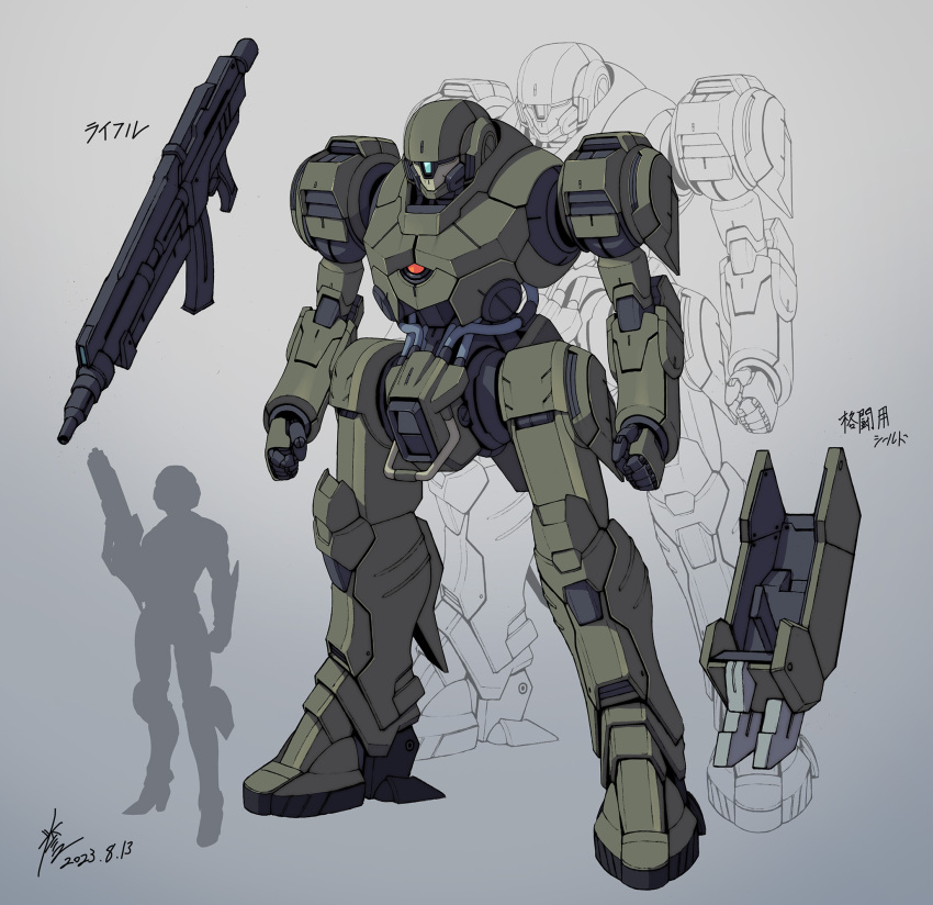 arms_at_sides assault_rifle blue_eyes blueprint_(medium) clenched_hands commentary_request dated full_body grey_background gun highres homare_(fool's_art) mecha one-eyed original rifle robot science_fiction signature silhouette simple_background size_comparison standing translation_request weapon