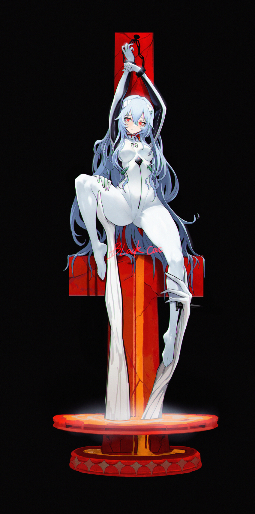 1girl absurdres angel_(evangelion) ayanami_rei black_background blackcat_enjia blue_hair bodysuit breasts chinese_commentary closed_mouth commentary cross crucifixion cuffs disembodied_limb english_commentary evangelion:_3.0+1.0_thrice_upon_a_time frown hair_between_eyes handcuffs highres holding_another's_leg impaled interface_headset light_blue_hair lilith_(evangelion) long_hair looking_at_viewer medium_breasts mixed-language_commentary neon_genesis_evangelion no_shoes rebuild_of_evangelion red_eyes science_fiction shackles signature simple_background solo