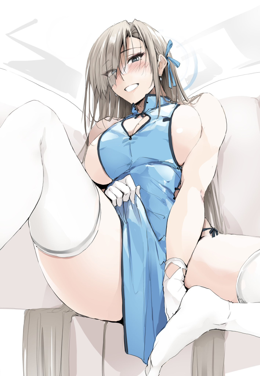 1girl asuna_(blue_archive) bare_shoulders blue_archive blue_dress blue_eyes blue_ribbon blush breasts cleavage cleavage_cutout clothing_cutout dress gloves grin hair_over_one_eye hair_ribbon halo highres large_breasts light_brown_hair long_hair looking_at_viewer pelvic_curtain ribbon sideboob sitting smile solo spread_legs thighhighs very_long_hair white_gloves white_thighhighs zekkyon