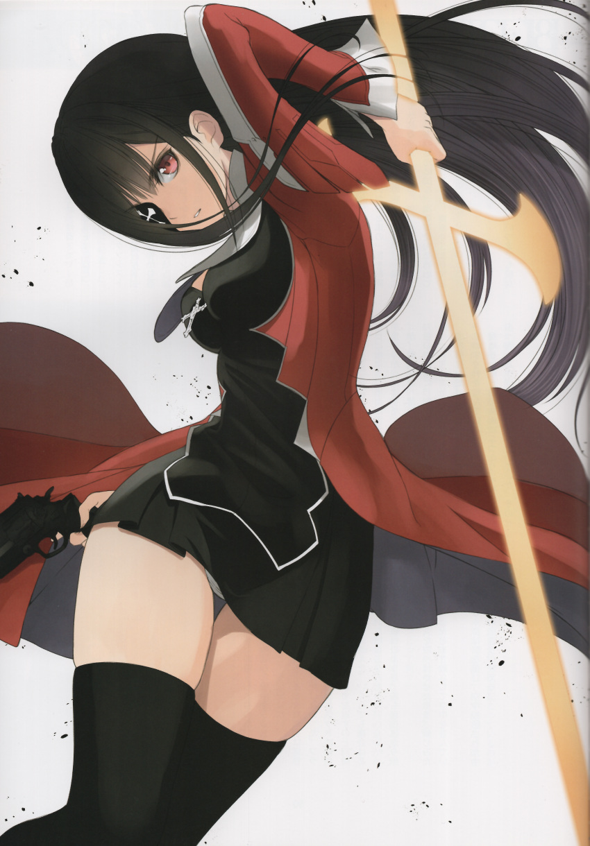 1girl absurdres black_dress black_hair breasts coat cross cross_necklace dress eyepatch gun handgun highres holding holding_weapon jewelry long_hair long_sleeves looking_at_viewer medium_breasts necklace open_clothes open_coat original panties parted_lips red_eyes revolver scan short_dress simple_background solo sword thighhighs tony_taka trigger_discipline underwear weapon