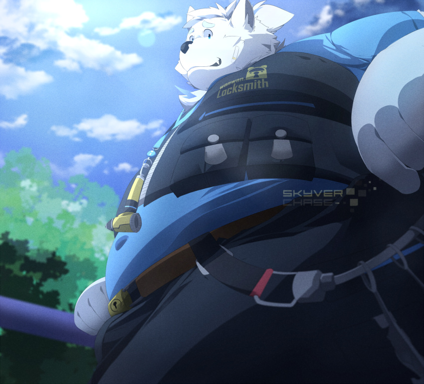 2023 anthro bottomwear canid canine canis clothing detailed_background domestic_dog fur hi_res humanoid_hands kemono lifewonders live_a_hero male mammal outside overweight overweight_male pants shirt skyverchase solo topwear white_body white_fur yohack