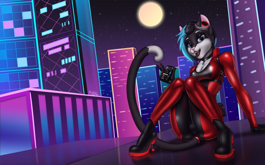 anthro bodysuit boots building butt city cityscape clothed clothing collar detailed_background digital_media_(artwork) felid feline female footwear hair headphones hi_res high_heeled_boots high_heels holding_object latex leather leather_clothing looking_at_viewer mammal moon neon night on_roof outside phone pinup pose pribako rooftop science_fiction sitting skinsuit sky smile solo star tight_clothing