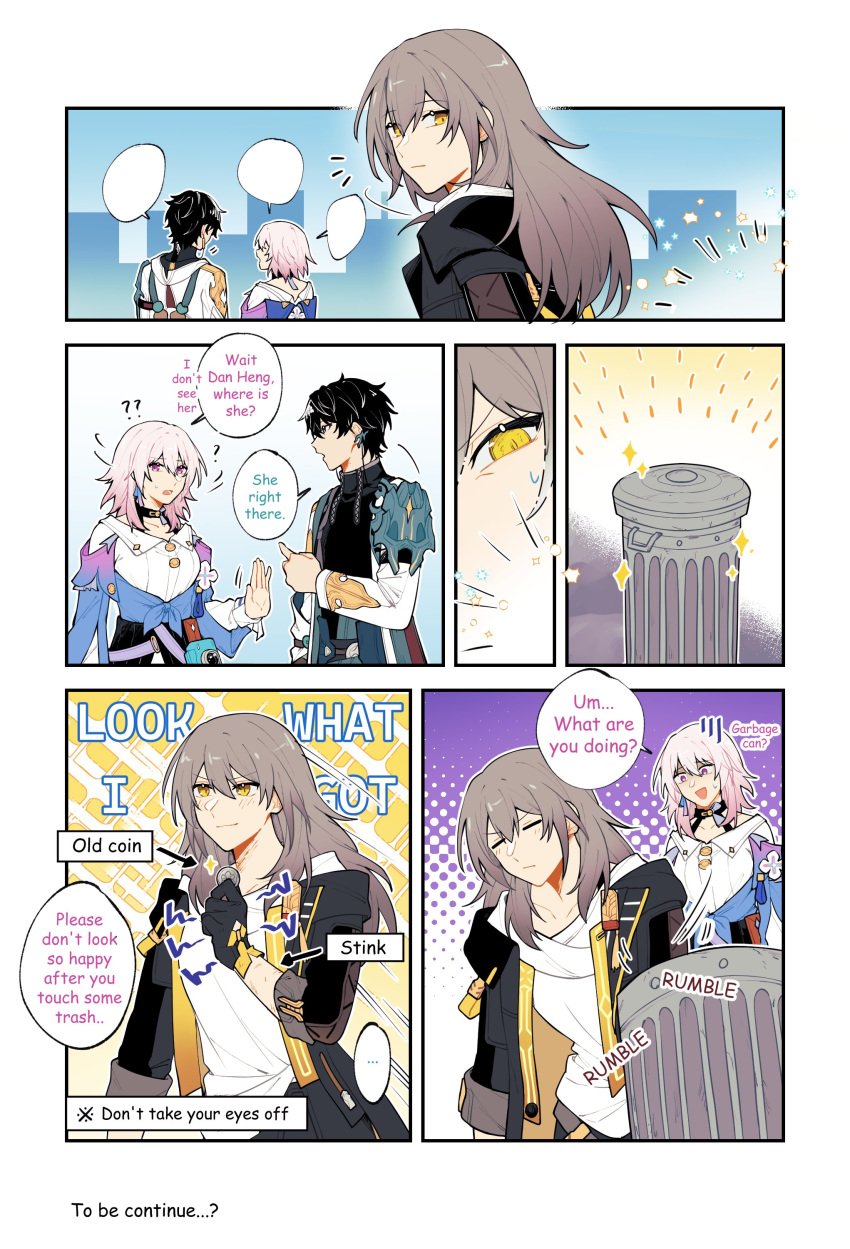 1boy 2girls ? ?? absurdres black_coat black_gloves black_hair blank_speech_bubble coat coin commentary dan_heng_(honkai:_star_rail) english_commentary english_text gloves grey_hair highres holding holding_coin homu_(honkai_impact) honkai:_star_rail honkai_(series) long_hair long_sleeves looking_back march_7th_(honkai:_star_rail) multiple_girls natsuki_(2917) pink_eyes pink_hair shirt sparkle speech_bubble stelle_(honkai:_star_rail) trailblazer_(honkai:_star_rail) trash_can white_shirt yellow_eyes yellow_trim