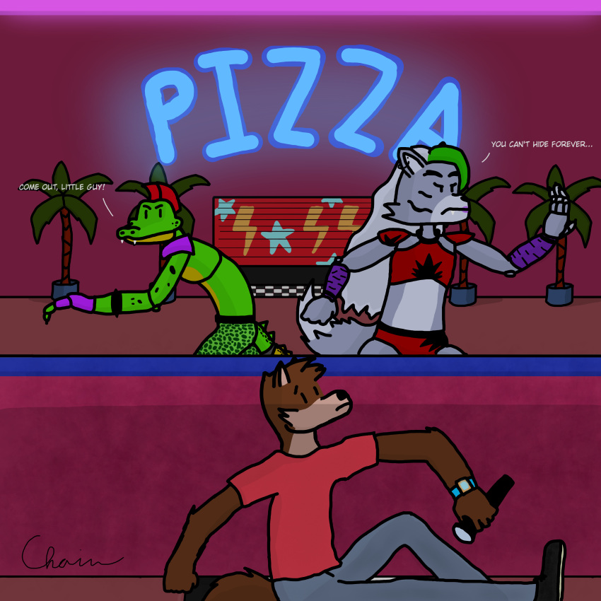 absurd_res alligator alligatorid anthro canid canine canis chain_(chain_a) chain_a_(artist) clothing crocodilian five_nights_at_freddy's five_nights_at_freddy's:_security_breach fox group hi_res hybrid male mammal montgomery_gator_(fnaf) reptile roxanne_wolf_(fnaf) scalie scottgames steel_wool_studios trio wolf