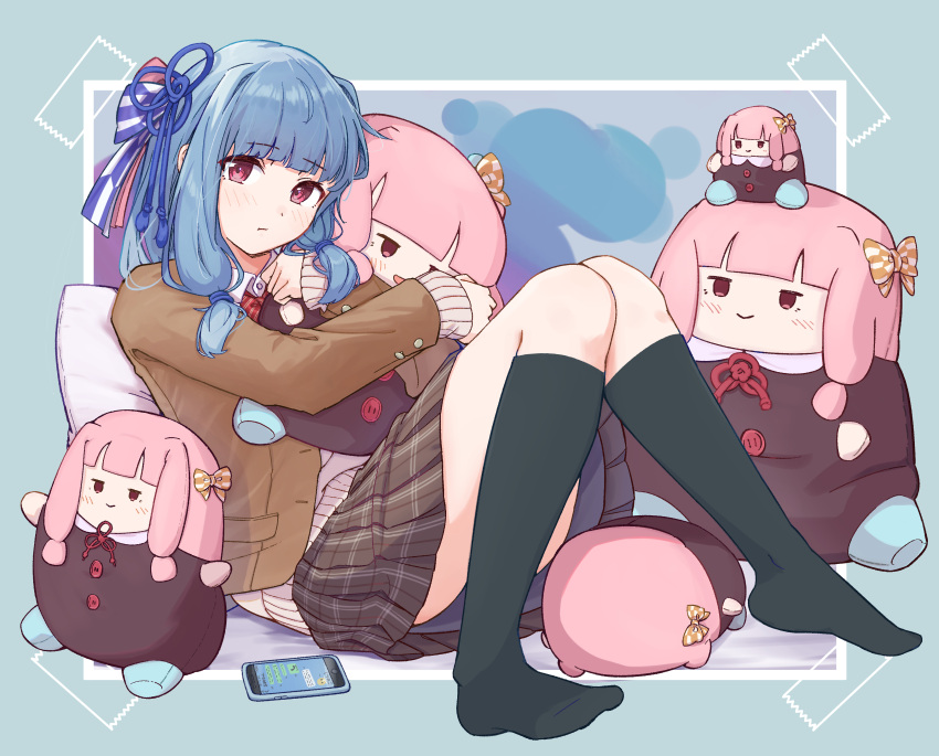 1girl absurdres alternate_costume black_socks blazer blue_background blue_hair blue_ribbon blunt_bangs blush brown_jacket cellphone character_doll collared_shirt commentary_request doll_hug dress_shirt full_body hair_ribbon highres jacket jitome kneehighs knees_together_feet_apart knees_up kotonoha_akane kotonoha_aoi long_hair long_sleeves looking_at_viewer low_tied_sidelocks no_shoes object_hug phone photo_(object) pillow pink_hair plaid plaid_skirt pleated_skirt raised_eyebrows reclining red_eyes ribbon school_uniform shirt sidelocks siscon sitting skirt smartphone socks solo sumitsubame sweater tape text_messaging upskirt voiceroid white_sweater