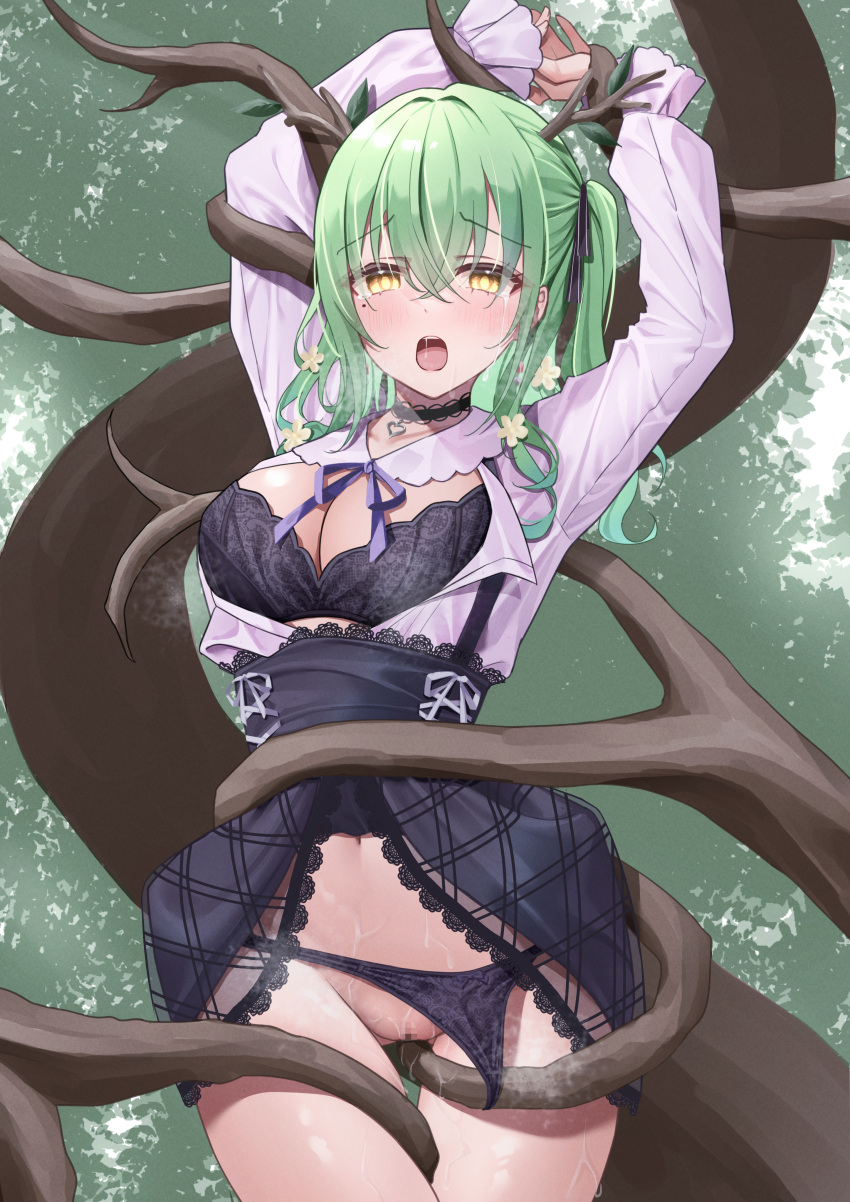 1girl absurdres antlers black_choker bound bound_arms bound_wrists bra branch breasts censored ceres_fauna ceres_fauna_(3rd_costume) choker classic_(zildjian33) clothes_pull crying earrings flower green_hair hair_flower hair_ornament hair_ribbon highres hololive hololive_english jewelry long_hair looking_at_viewer mole mole_under_eye mosaic_censoring navel official_alternate_costume open_clothes open_shirt panties panty_pull pussy restrained ribbon saliva shirt skirt skirt_pull solo steam tears thigh_gap thighs underwear virtual_youtuber wet yellow_eyes