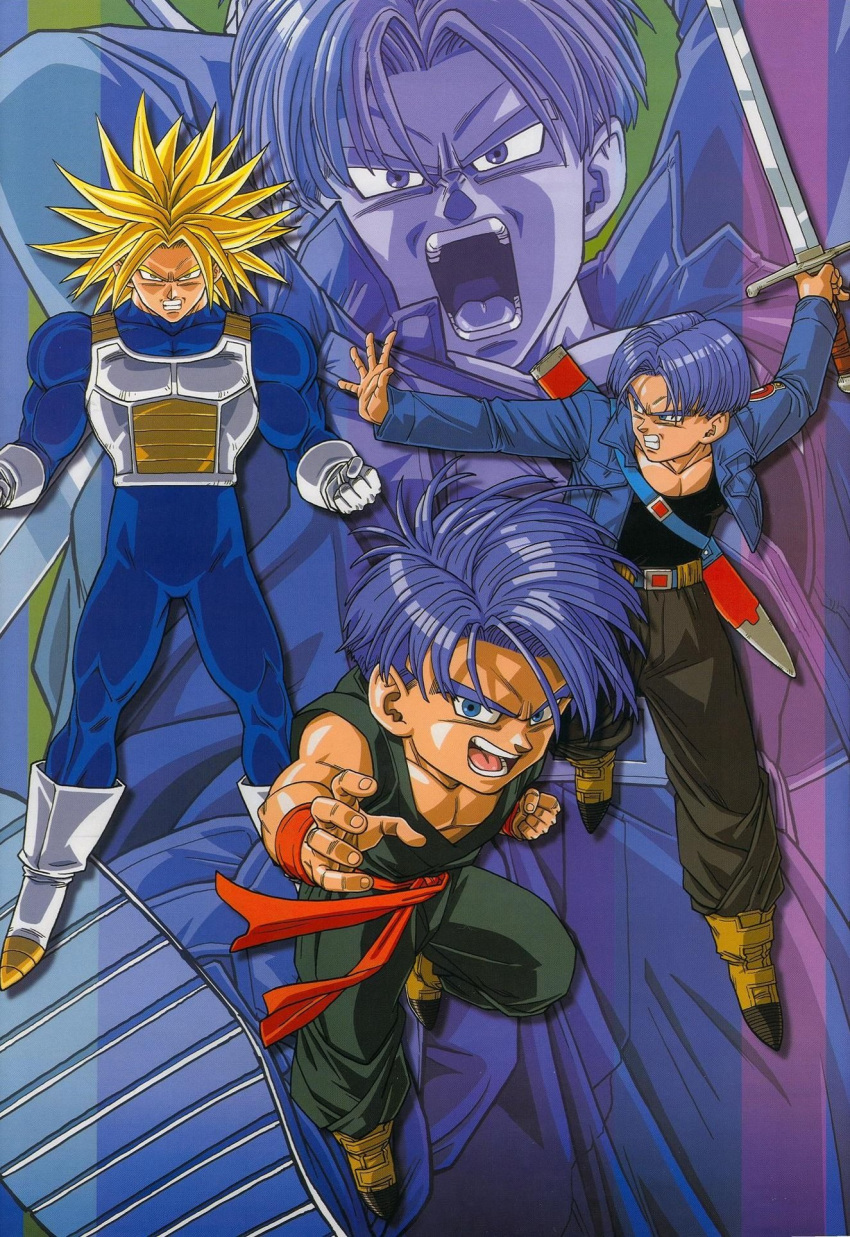 blonde_hair blue_jacket dragon_ball dragon_ball_z highres jacket muscular muscular_male nakatsuru_katsuyoshi non-web_source open_clothes open_jacket open_mouth purple_hair saiyan_armor shoes super_saiyan super_saiyan_1 sword trunks_(dragon_ball) trunks_(future)_(dragon_ball) weapon