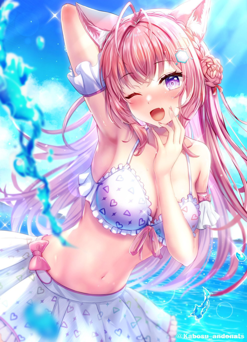 1girl :d ;d animal_ear_fluff animal_ears antenna_hair arm_garter arm_up armpits arrow_print artist_name bikini blue_sky blurry blurry_foreground blush braid breasts cloud collarbone cowboy_shot crown_braid day fang frilled_bikini frills groin hair_bun hakui_koyori hand_up heart heart-shaped_pupils heart_print hexagon_hair_ornament highres hololive kabosu_(anna_neji) long_hair looking_at_viewer medium_breasts medium_eyebrows midriff navel one_eye_closed open_mouth outdoors pink_hair pink_nails purple_eyes red_ribbon ribbon skin_fang skirt sky smile solo sparkle splashing straight_hair swimsuit symbol-shaped_pupils twitter_username virtual_youtuber water water_world white_skirt white_theme wolf_ears wolf_girl