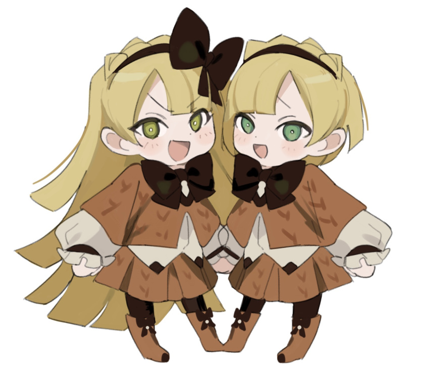 1boy 1girl aqua_eyes blonde_hair blush boots bow bowtie brown_bow brown_bowtie brown_hairband brown_pantyhose capelet chibi full_body green_eyes hair_bow hairband highres lobotomy_corporation long_hair long_sleeves looking_at_viewer mu46016419 open_mouth orange_capelet orange_footwear orange_skirt pantyhose project_moon puffy_long_sleeves puffy_sleeves shirt simple_background skirt smile tiphereth_a_(project_moon) tiphereth_b_(project_moon) very_long_hair white_background white_shirt