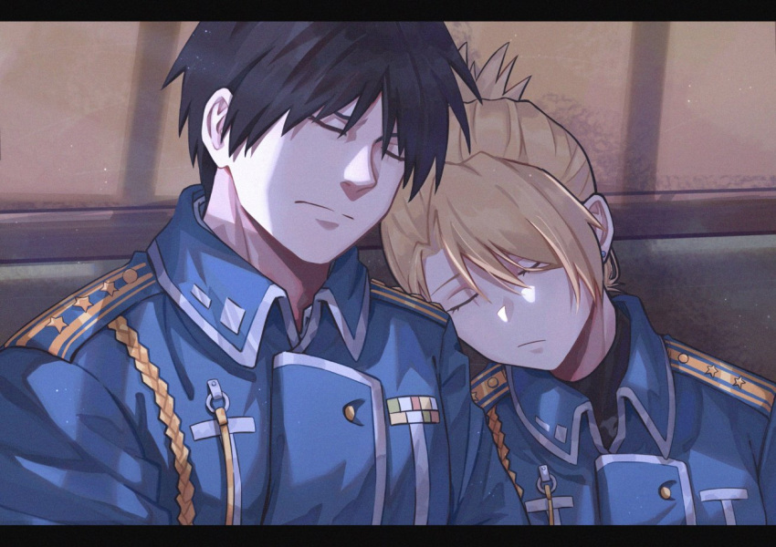 1boy 1girl aiguillette amestris_military_uniform black_hair blonde_hair collared_jacket earrings folded_ponytail fullmetal_alchemist jewelry long_hair mature_female military_jacket military_uniform riza_hawkeye roy_mustang short_hair stud_earrings uniform updo xu_he_(xuhexiuxiuxiu)