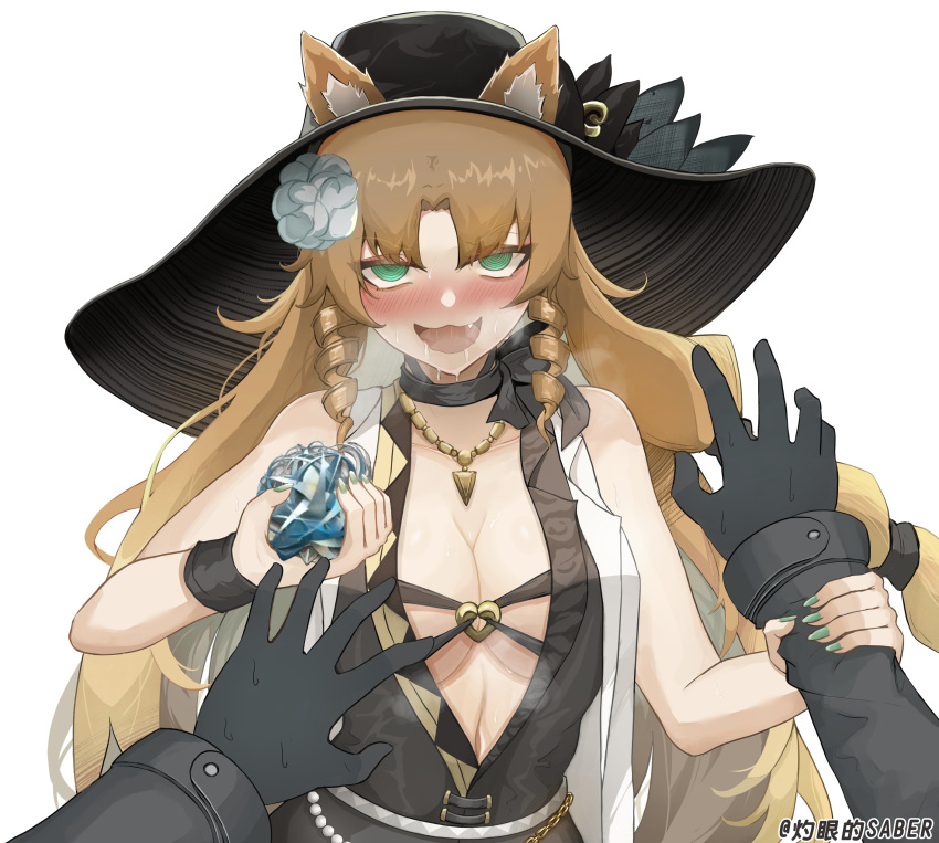 1girl 1other @_@ absurdres animal_ears arknights arm_grab artist_name bare_shoulders black_gloves black_headwear blonde_hair blush breasts cleavage d32_steel_(arknights) doctor_(arknights) drooling fang fingernails gloves green_eyes green_nails hat highres holding large_breasts long_fingernails long_hair long_sleeves looking_at_viewer nail_polish nose_blush open_mouth pov ringlets saliva sidelocks simple_background sleeveless sun_hat swire_(arknights) swire_the_elegant_wit_(arknights) tiger_ears upper_body very_long_hair white_background wristband zhuoyan_de_saber