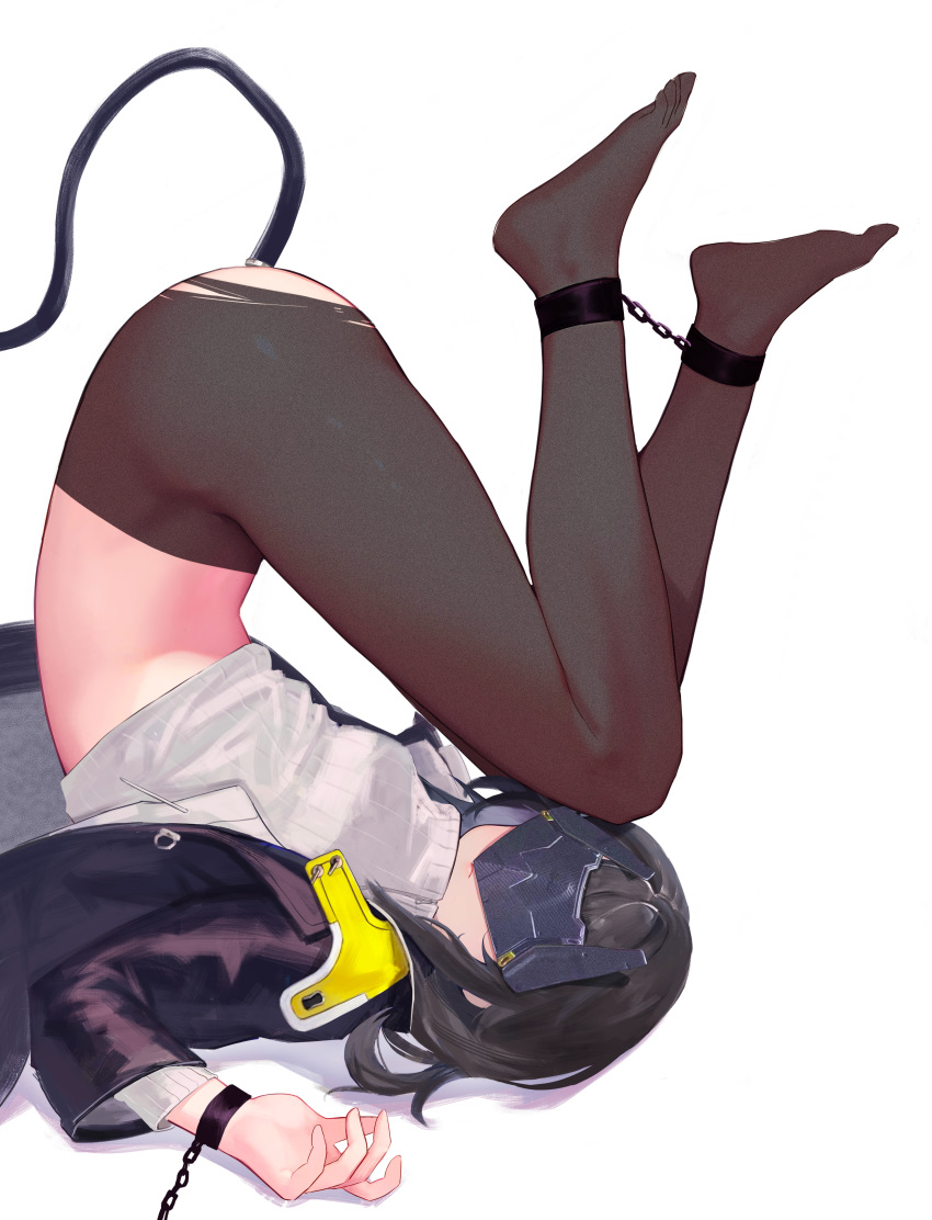 1girl absurdres anal anal_object_insertion anal_tail arknights arknights:_endfield black_hair black_jacket black_pantyhose bound bound_ankles bound_wrists butt_plug c1718259 cuffs eye_mask facing_viewer fake_tail female_endministrator_(arknights) highres jacket layered_sleeves long_sleeves object_insertion open_clothes open_jacket pantyhose sex_toy shackles shirt short_hair simple_background solo tail thighs torn_clothes torn_pantyhose upside-down white_background white_shirt