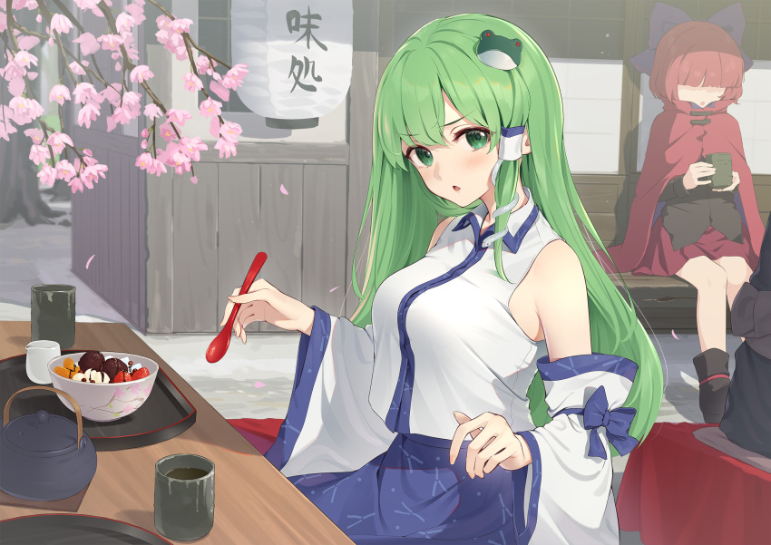 1other 2girls anmitsu_(dessert) bare_shoulders black_footwear black_shirt blue_bow blue_skirt blush bow cape cherry_blossoms cup detached_sleeves fingernails food frog_hair_ornament fruit green_eyes green_hair hair_bow hair_ornament hair_tubes highres holding holding_cup holding_spoon japanese_clothes kanpa_(campagne_9) kochiya_sanae long_hair long_sleeves multiple_girls nontraditional_miko open_mouth outdoors petals red_cape red_hair red_skirt sekibanki shirt shoes short_hair sitting skirt snake_hair_ornament spoon strawberry touhou white_sleeves wide_sleeves yunomi