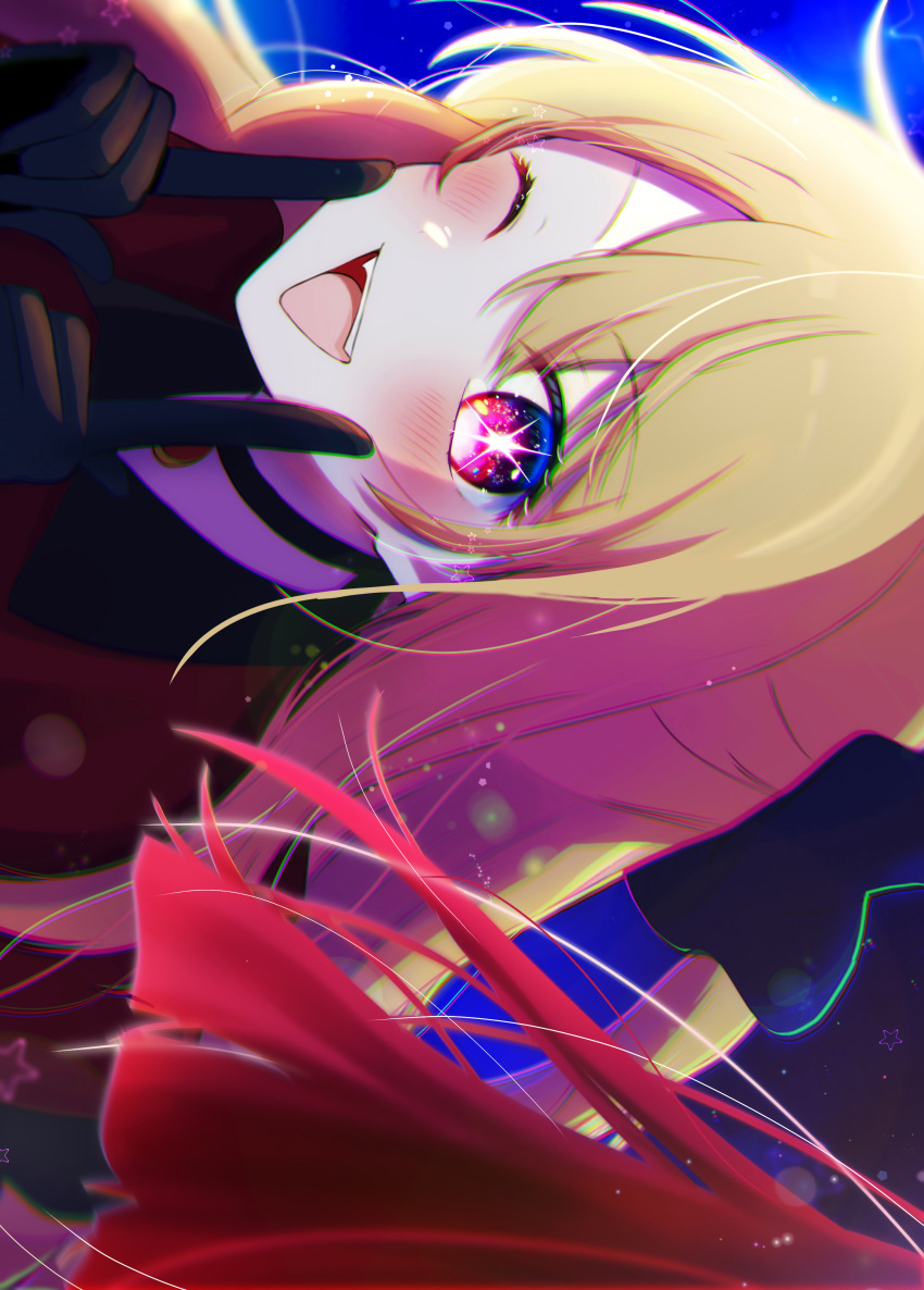 2girls ;d absurdres arima_kana black_bow black_gloves blonde_hair bow chromatic_aberration commentary_request fingers_to_cheeks gloves hair_between_eyes hair_bow highres hoshino_ruby index_fingers_raised light_particles long_hair looking_at_viewer mameko_(mamemame81) multiple_girls one_eye_closed one_side_up open_mouth oshi_no_ko out_of_frame pink_eyes red_eyes red_hair sideways smile solo_focus star_(symbol) star_in_eye symbol_in_eye teeth upper_teeth_only