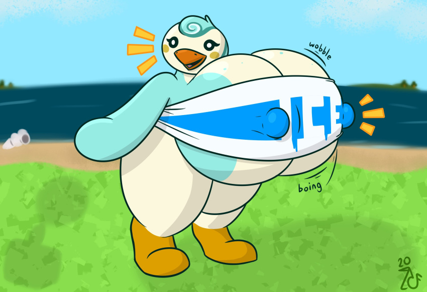 2020 animal_crossing anthro avian beach beak big_breasts bird blue_body bottomless bottomless_female bouncing_breasts bra breasts clothed clothing detailed_background female flippers hi_res huge_breasts hyper hyper_breasts looking_at_object mattthetooncat nintendo nipple_outline orange_beak penguin seaside shadow short_stack singature smile solo sound_effects sprinkle_(animal_crossing) standing stretched_clothing swirl_pattern thick_thighs underwear wide_hips