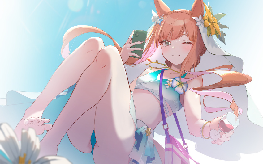 1girl animal_ears aqua_eyes ass bag bare_shoulders blue_sky blush braid breasts cellphone commentary_request crown_braid cup drinking_glass ear_ornament feet flower gradient_bikini highres holding holding_cup holding_phone horse_ears horse_girl illng jewelry long_hair looking_at_viewer midair necklace official_alternate_costume orange_hair phone purple_bag shoulder_bag silence_suzuka_(emerald_on_the_waves)_(umamusume) silence_suzuka_(umamusume) sky small_breasts smartphone smile solo swimsuit umamusume veil wine_glass