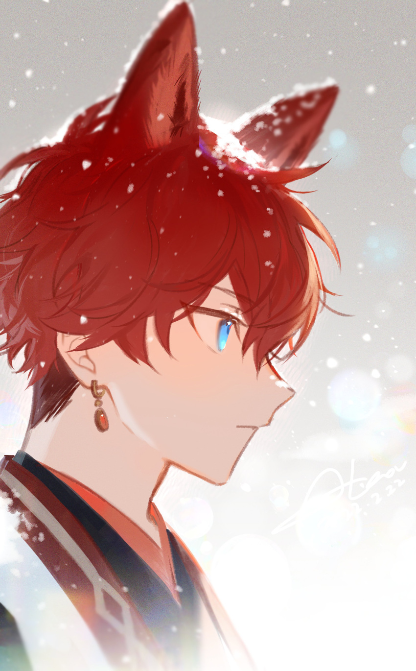 1boy absurdres aleo amagi_hiiro animal_ears artist_name blue_eyes closed_mouth commentary dated earrings ensemble_stars! fox_ears from_side highres jewelry male_focus portrait red_hair short_hair snowing solo symbol-only_commentary