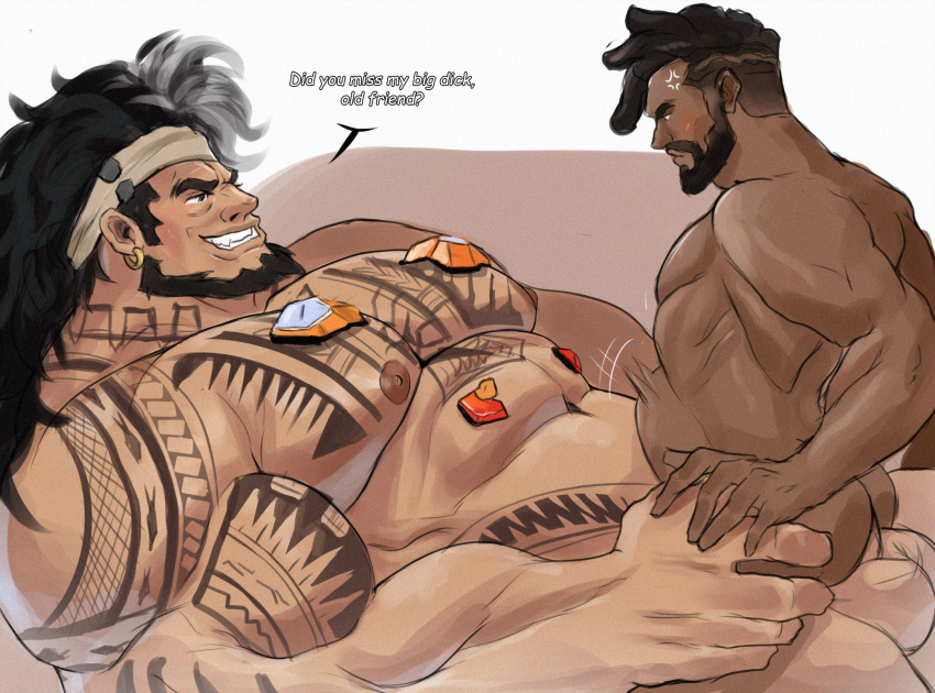 2boys abs anal ass baptiste_(overwatch) bara black_hair blush chest_tattoo completely_nude couple cowgirl_position dadee_(da_ddy22) dark-skinned_male dark_skin dreadlocks english_text eye_contact facial_hair from_side full_beard grin hair_tattoo highres huge_pectorals large_pectorals looking_at_another male_focus mature_male mauga_(overwatch) motion_lines multiple_boys muscular muscular_male mustache nipples nude overwatch overwatch_2 pectorals sex shoulder_tattoo size_difference smile stomach_bulge straddling strongman_waist tattoo thick_eyebrows undercut v-shaped_eyebrows yaoi