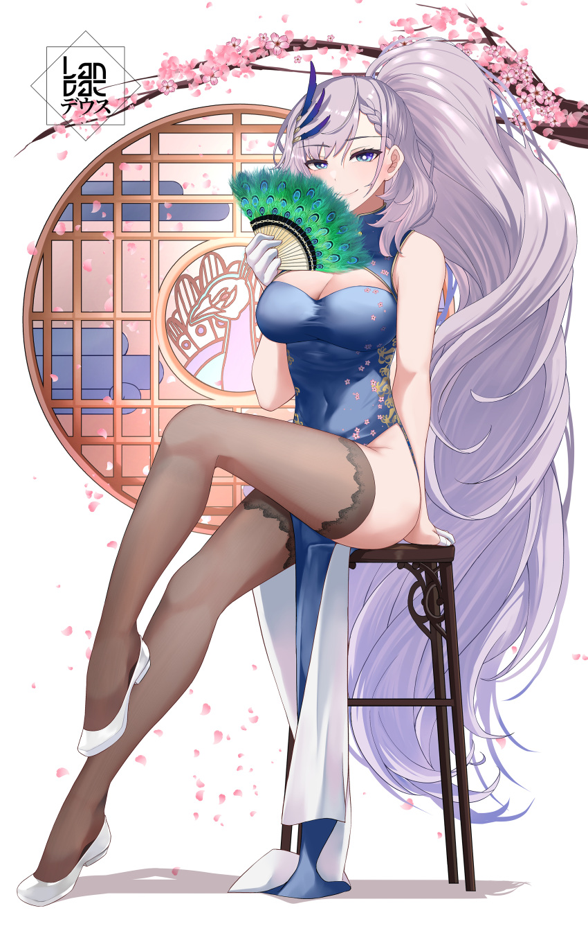 1girl absurdres alternate_costume artist_logo bare_arms bird black_thighhighs blue_dress blue_eyes braid breasts bright_pupils chair cherry_blossoms china_dress chinese_clothes cleavage commentary dress english_commentary falling_petals feather_fan feather_hair_ornament feathers flats flower folding_fan gloves grey_hair hair_ornament hand_fan highres holding holding_fan hololive hololive_indonesia landacdeus large_breasts long_hair looking_at_viewer on_chair pavolia_reine peacock peacock_feathers pelvic_curtain petals pink_flower side_slit sitting smile solo thighhighs very_long_hair virtual_youtuber white_background white_footwear white_gloves window wooden_chair