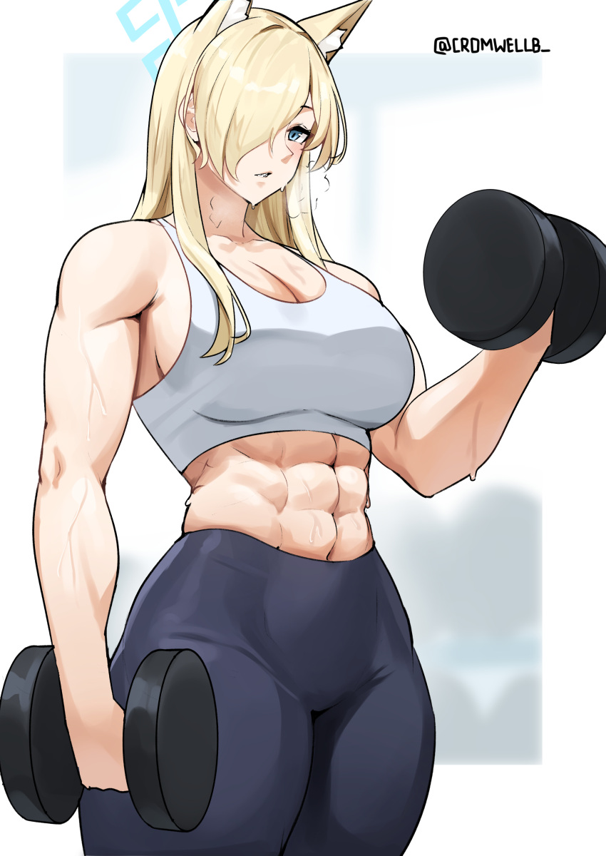 1girl abs absurdres animal_ear_fluff animal_ears bare_shoulders blonde_hair blue_archive blue_eyes blurry blurry_background breasts collarbone commentary commission cowboy_shot cromwellb dumbbell hair_over_one_eye halo heavy_breathing highres holding kanna_(blue_archive) long_hair looking_to_the_side pants parted_lips pixiv_commission sharp_teeth solo sports_bra sweat teeth thick_thighs thighs toned twitter_username white_sports_bra yoga_pants