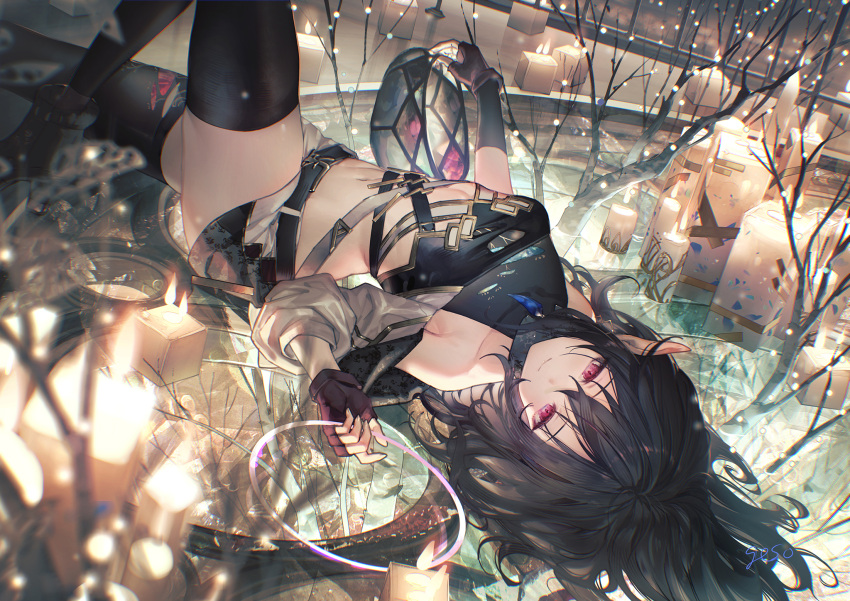 1girl black_gloves black_hair black_thighhighs blurry blurry_foreground candle closed_mouth crop_top fingerless_gloves gloves hair_between_eyes highres long_hair lying midriff navel on_back original pointy_ears red_eyes short_shorts shorts smile solo stomach straight_hair thighhighs umiu_geso