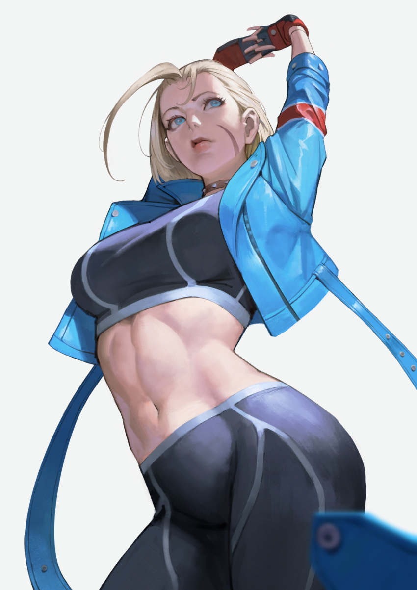 1girl antenna_hair arms_up blonde_hair blue_eyes blue_jacket breasts cammy_white choker closed_mouth cropped_jacket fingerless_gloves gloves highres interlocked_fingers jacket large_breasts lips midriff navel official_alternate_costume official_alternate_hair_length official_alternate_hairstyle pants phamoz scar scar_on_cheek scar_on_face simple_background solo spiked_choker spikes standing street_fighter street_fighter_6 stretching tight_clothes tight_pants